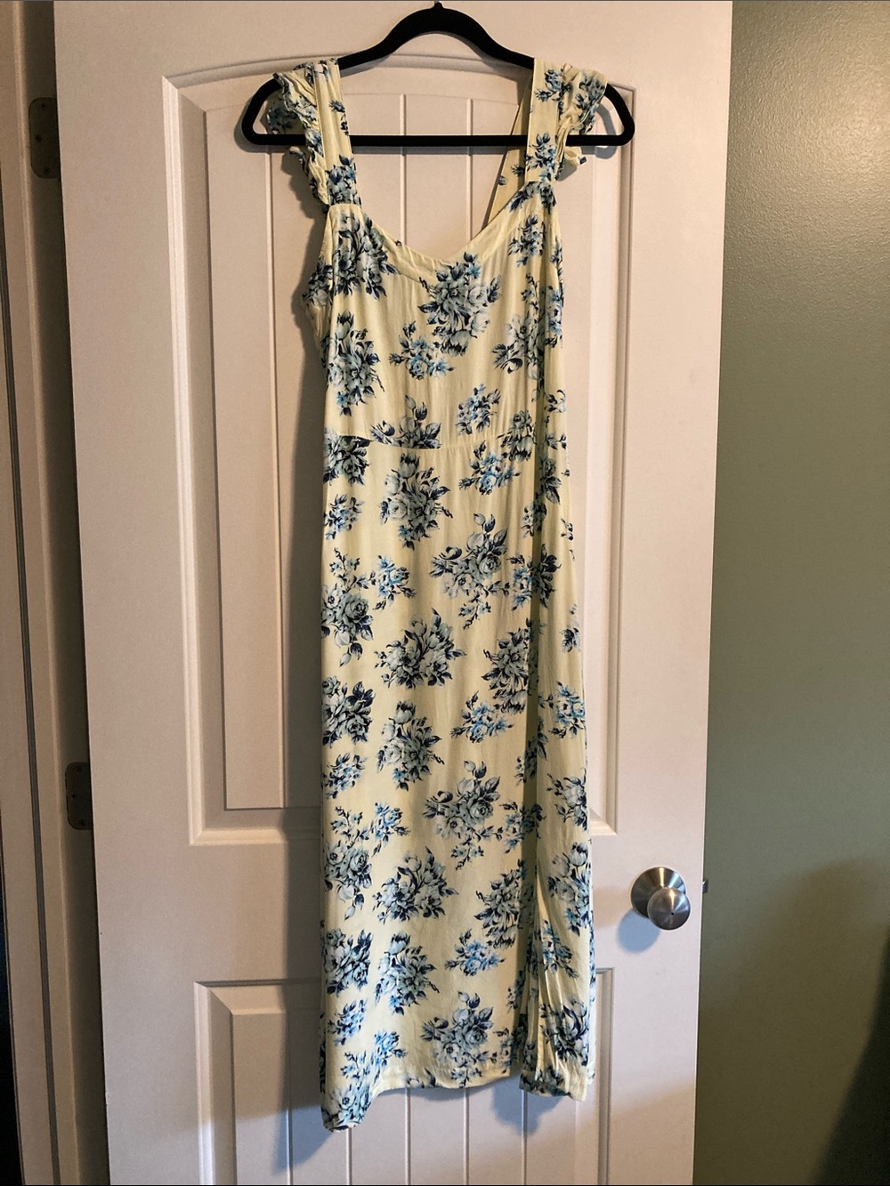 LOFT Yellow Maxi Dress with Blue Floral Print and Ruffle Straps